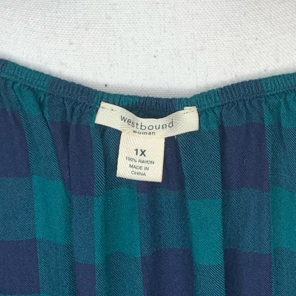 🌵🦆Off The Shoulder Blue/Green Plaid Blouse - Picture 3 of 4